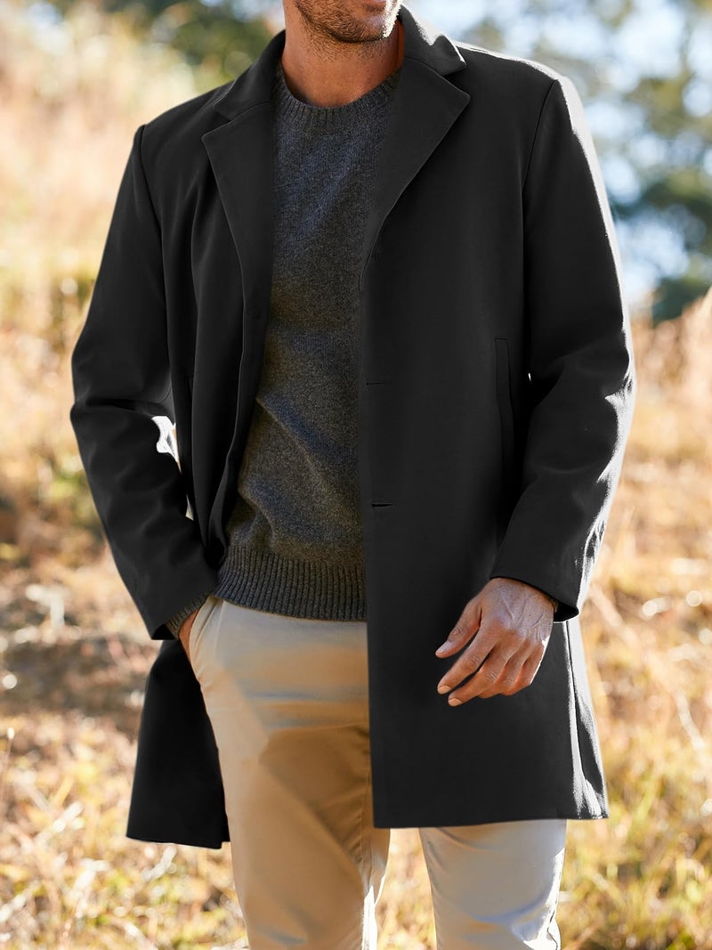 PASLTER Mens Trench Coat Slim Fit Notched Collar Fall Winter Single Breasted Pea Coat Warm Soft Overcoat - Image 2